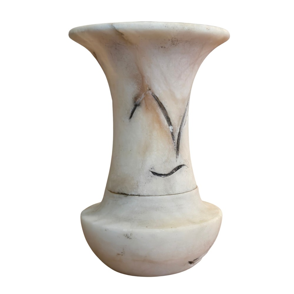 Vintage Hand Carved Alabaster Stone Vase Etched Leaf Cream Tan Rustic Boho Decor